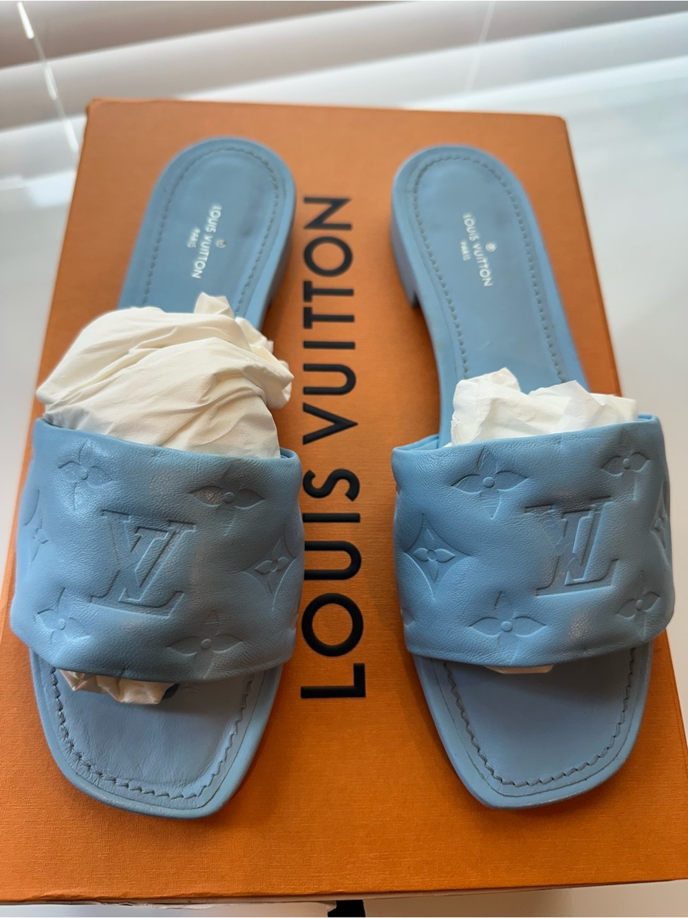 Louis Vuitton Revival Light Blue Embossed Leather Slide Mules Size 37